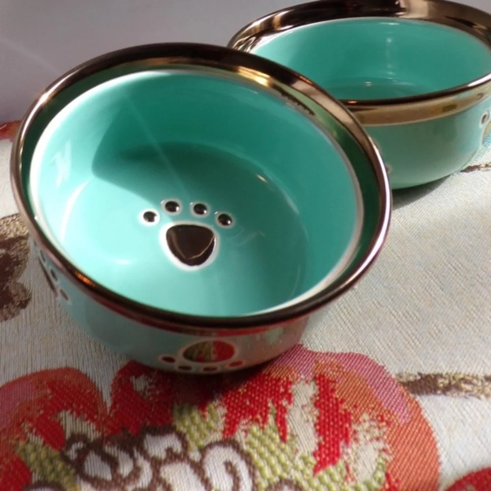 NEW Cute! (1) Ceramic Blue & Bronze Color Trim Dog/Cat Pet Food Water Dish Bowl
